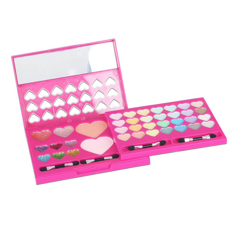Makeup palette with heart-shaped compartments and applicators on a white background.