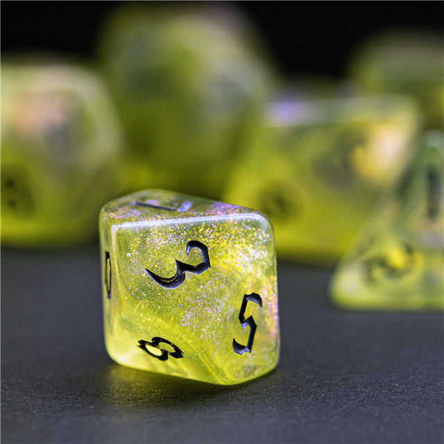Yellow Glitter Party Glitter Dice (Silver font) 7-Dice Set RPG DND