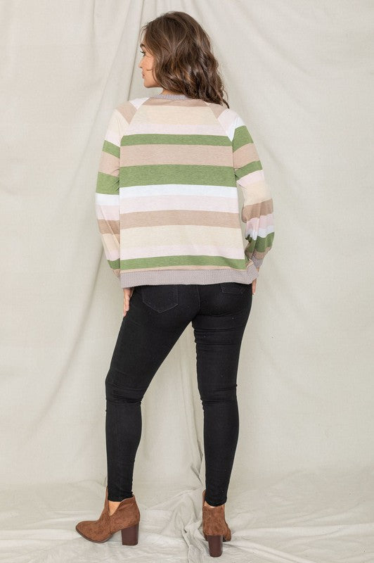 Multi Color Stripe Waffle Trim Open Cardigan