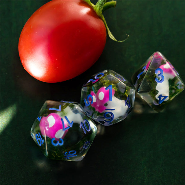 Pink Mushroom Dice Clear Green Vine w/Lavender Numbers 7-Dice Set Rpg