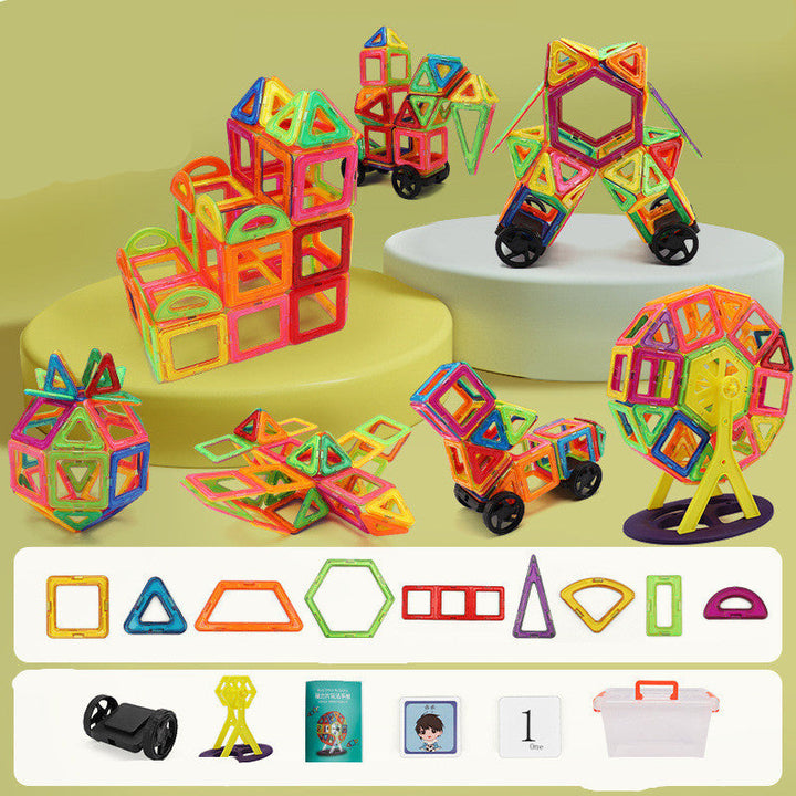 Colorful magnetic building blocks on a green background with additional components displayed below.