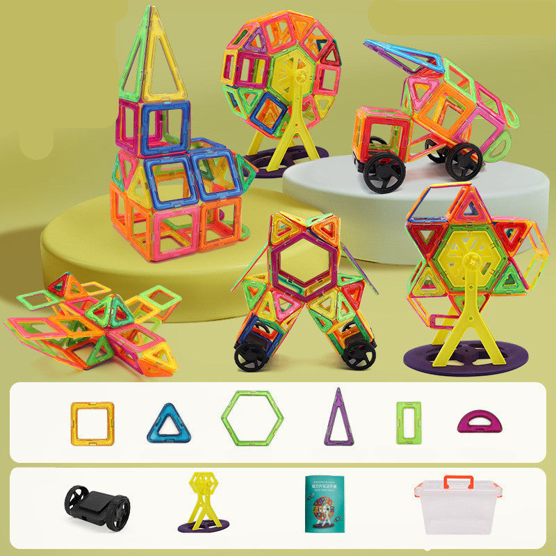 Colorful magnetic building blocks set on a green background with shapes displayed below.