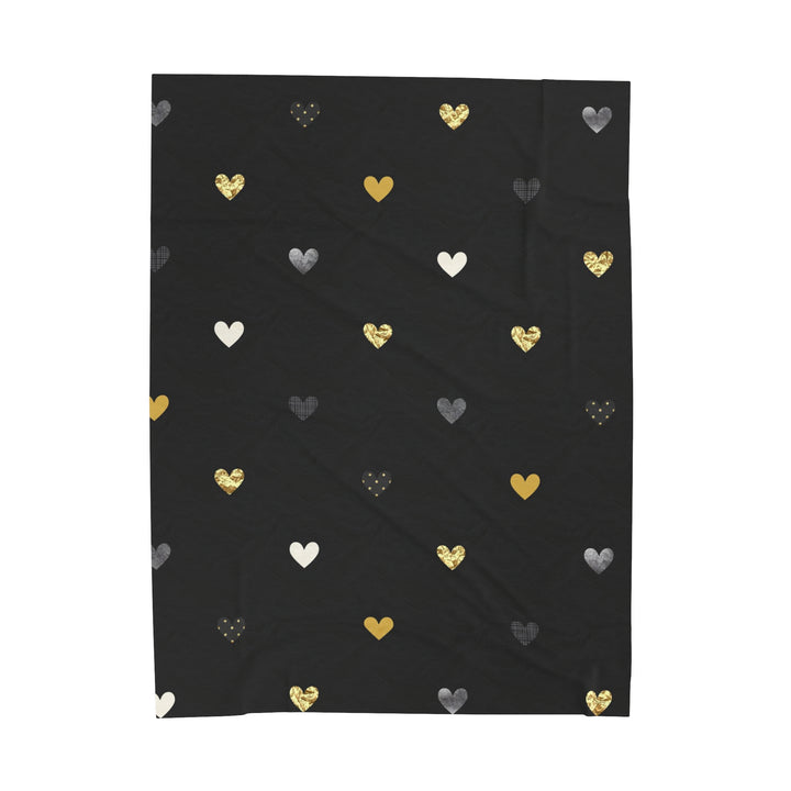 Golden Texture Hearts on Black Velveteen Plush Blanket