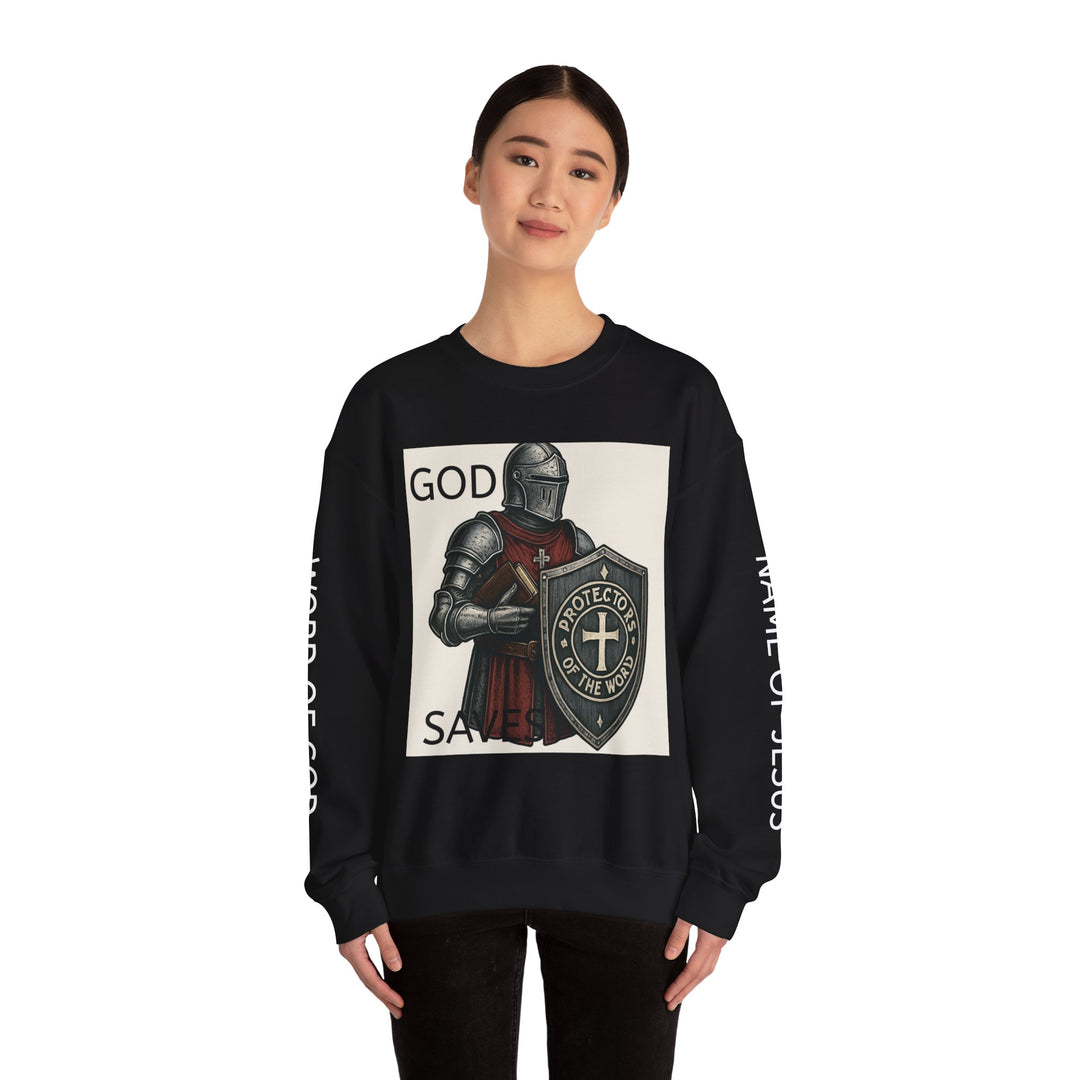 Knight Shield Crewneck Sweatshirt — "Protectors of the Word" Christian Armor Design