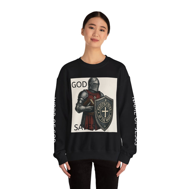 Knight Shield Crewneck Sweatshirt — "Protectors of the Word" Christian Armor Design
