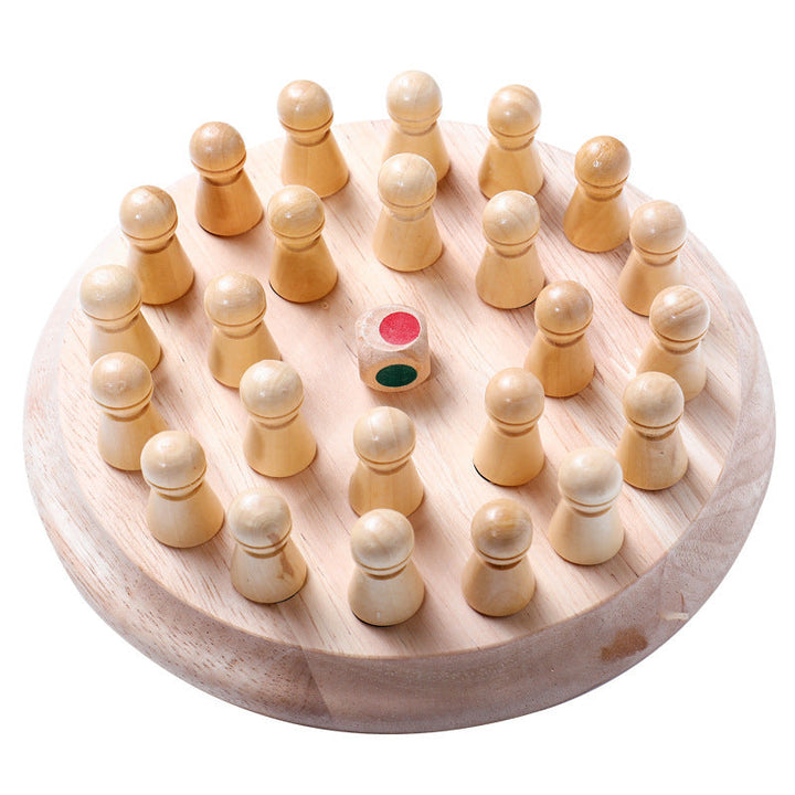 Wooden game board with pieces and a dice on a white background.