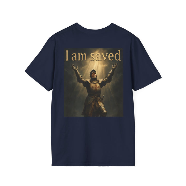 Christian Knight T-Shirt — "Through Christ Jesus" Front and "I Am Saved" Back