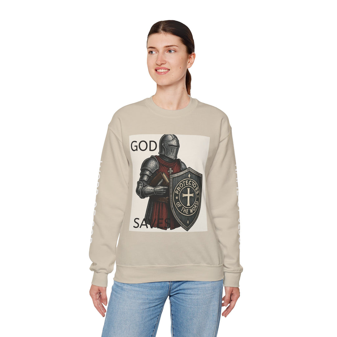 Knight Shield Crewneck Sweatshirt — "Protectors of the Word God Saves"