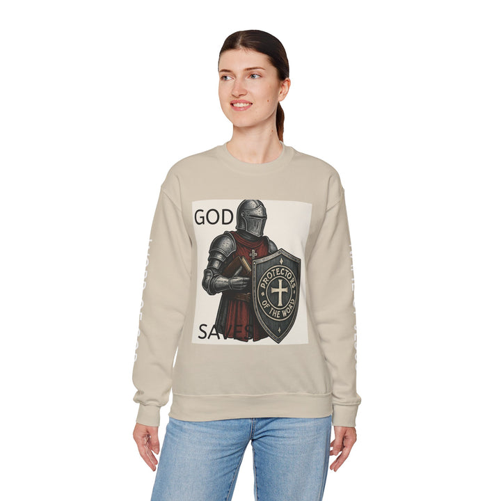 Knight Shield Crewneck Sweatshirt — "Protectors of the Word God Saves"