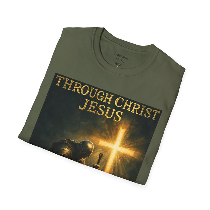 Christian Knight T-Shirt — "Through Christ Jesus" Front and "I Am Saved" Back