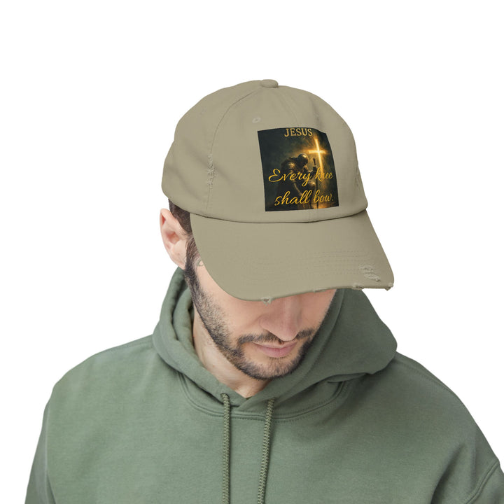 Jesus Cross Distressed Cap — "Every Knee Shall Bow" Christian Hat
