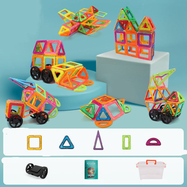 Colorful magnetic building blocks set on a blue background with additional components displayed below.