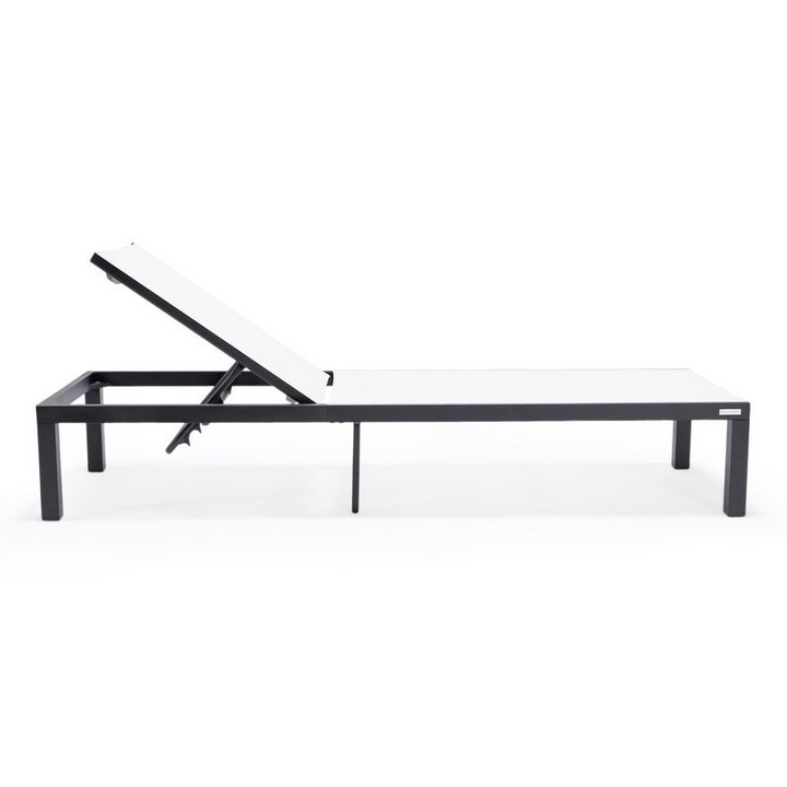 LeisureMod Marlin Patio Chaise Lounge Chair with Black Aluminum Frame White Side View.