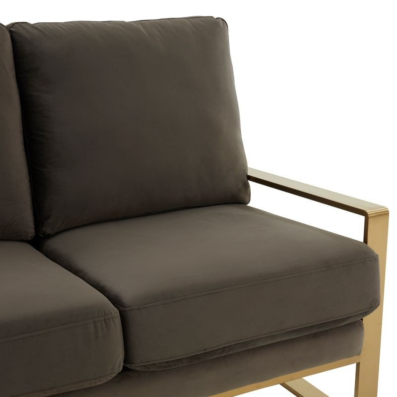 Leisuremod Jefferson Contemporary Modern Velvet Loveseat with Gold Frame Dark Grey Closeup.