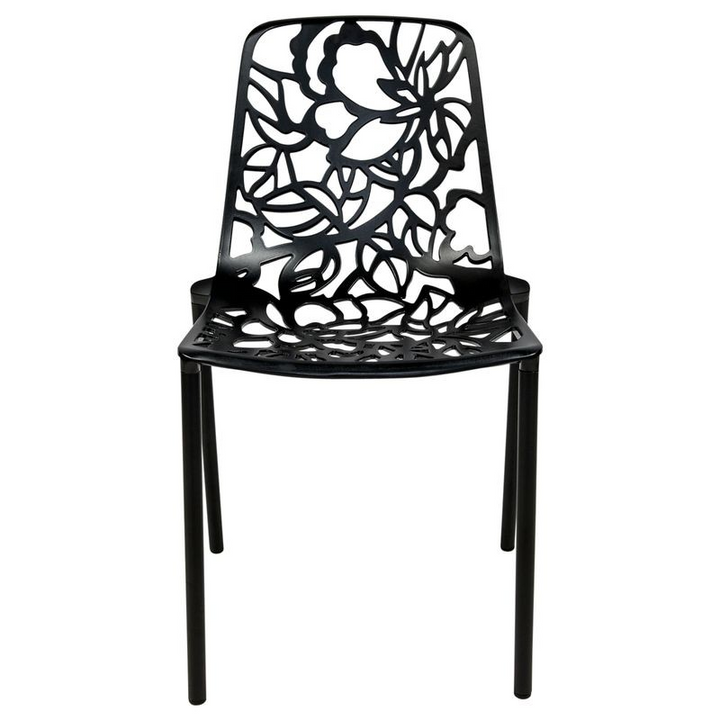 LeisureMod Devon Mid-Century Modern 7-Piece Aluminum Outdoor Patio Dining Set with Tempered Glass Top Table and 6 Stackable Flower Design Chairs Black Chair.