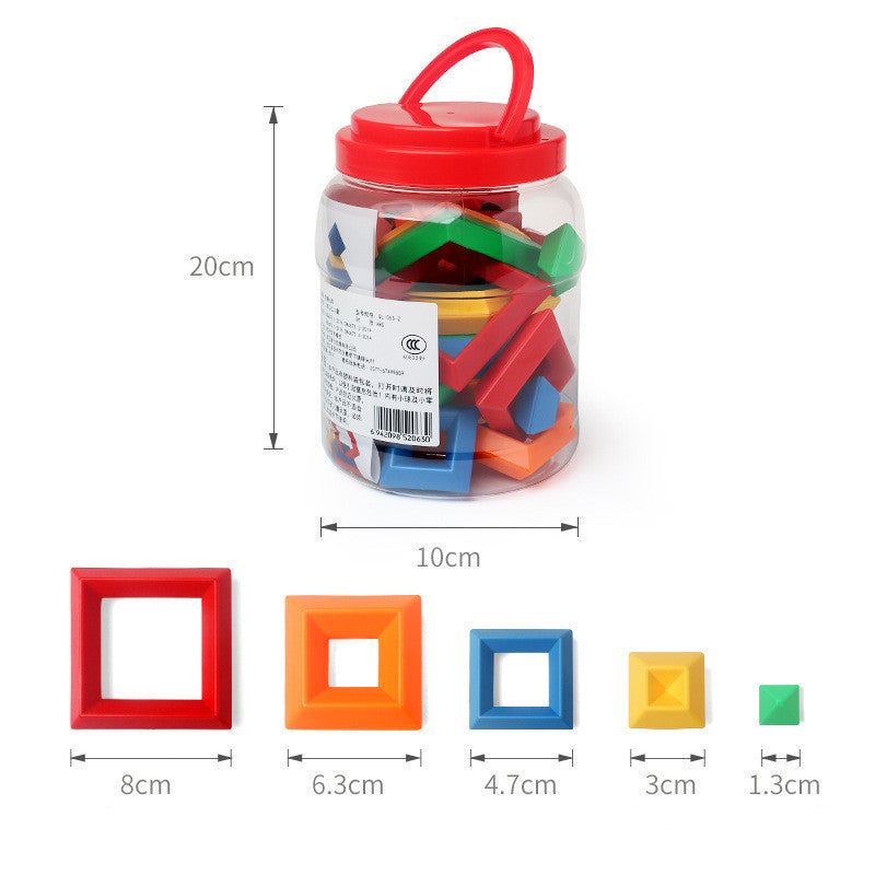 Jar of colorful geometric shape building blocks with measurements on a white background.