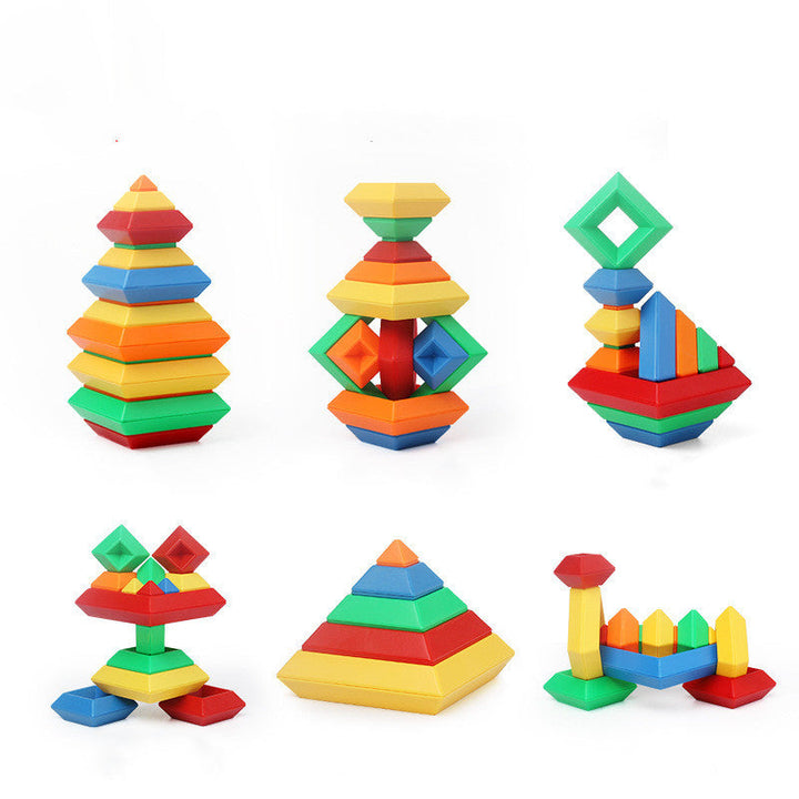 Set of colorful geometric stacking toys on a white background.