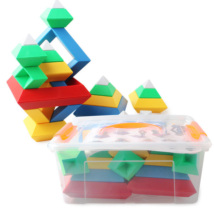Colorful geometric shape building blocks set with a clear storage container on a white background.