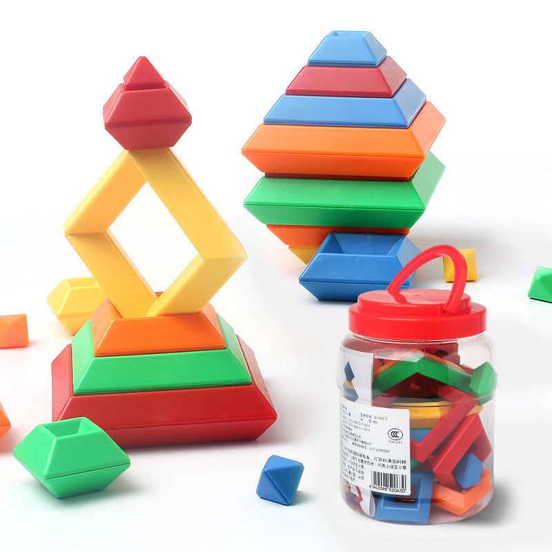 Colorful geometric shape building blocks with a jar on a white background.