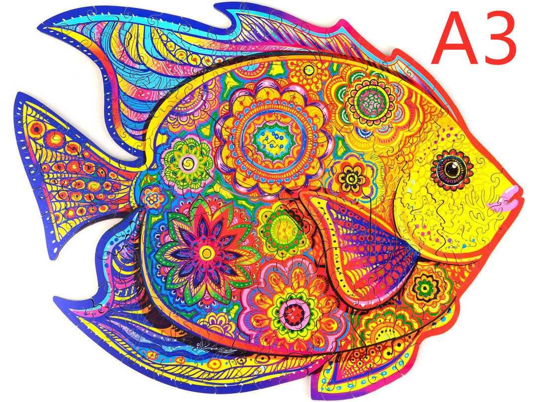 Colorful fish-shaped poster with intricate patterns on a white background, labeled A3.