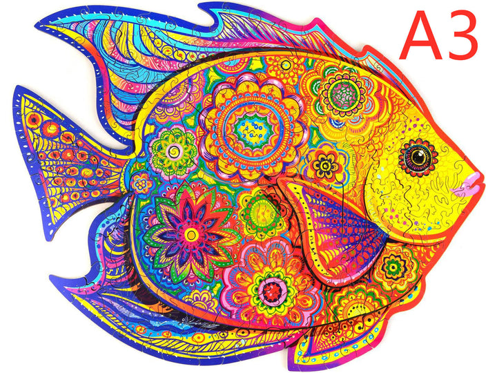 Colorful fish-shaped poster with intricate patterns on a white background, labeled A3.