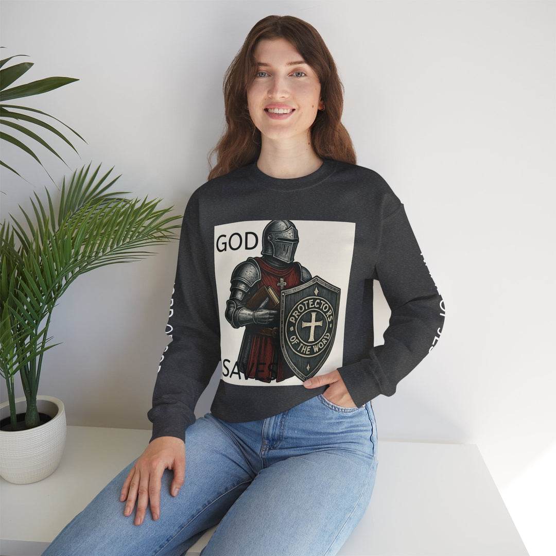 Knight Shield Crewneck Sweatshirt — "Protectors of the Word God Saves"