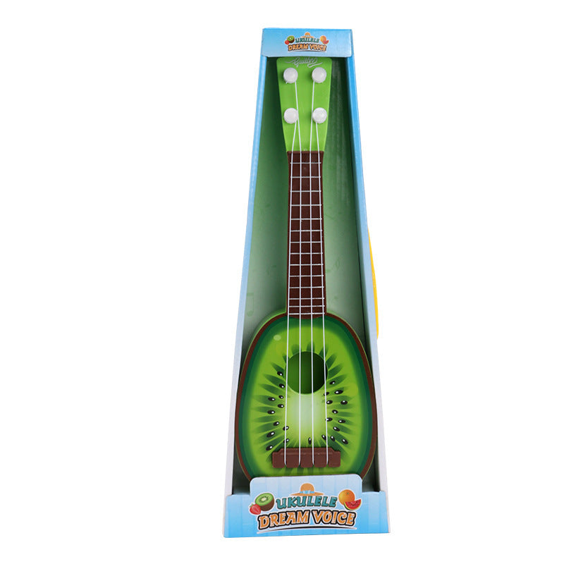 Toy guitar shaped like a kiwi fruit in packaging on a white background.