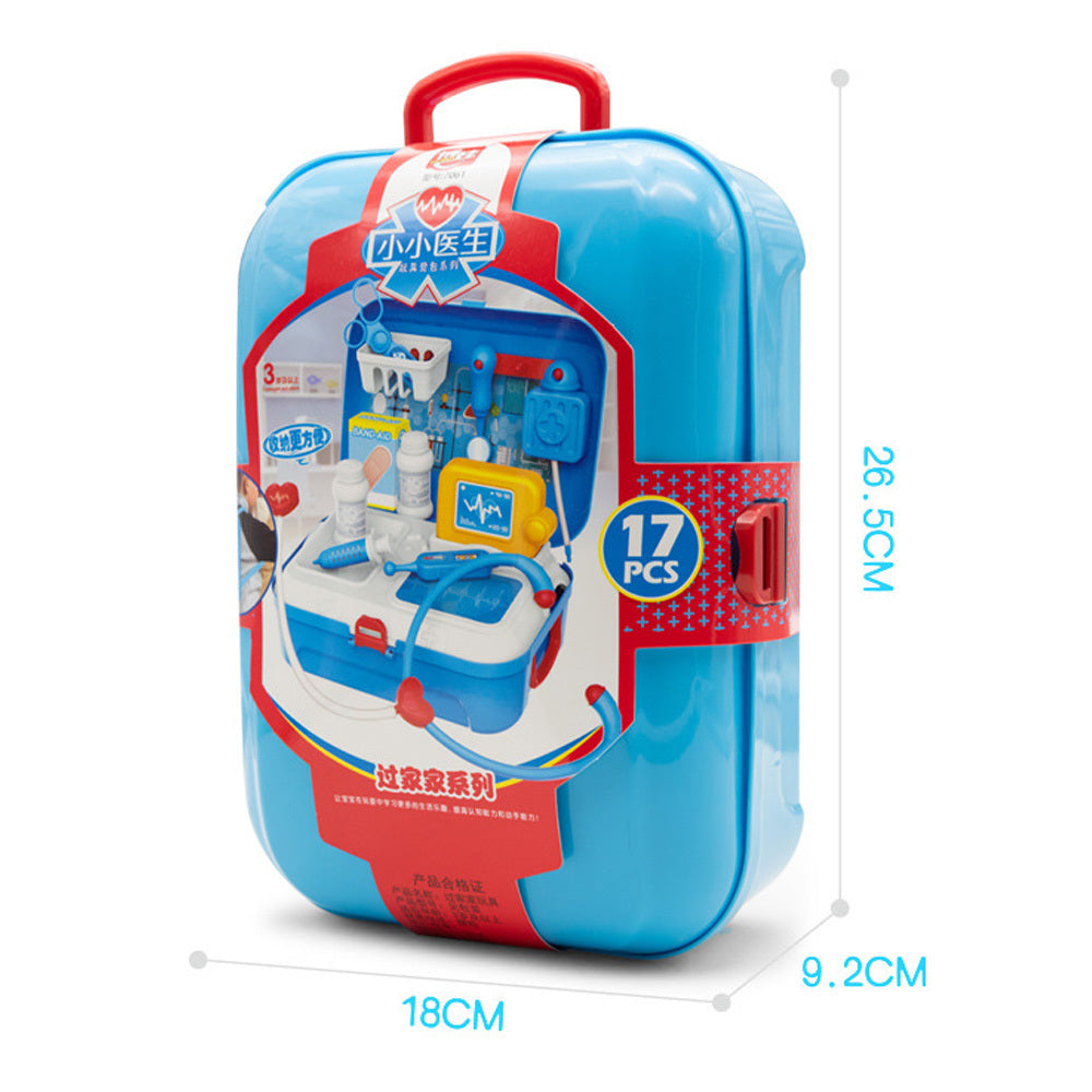 Toy medical kit in a blue suitcase with measurements on a white background.