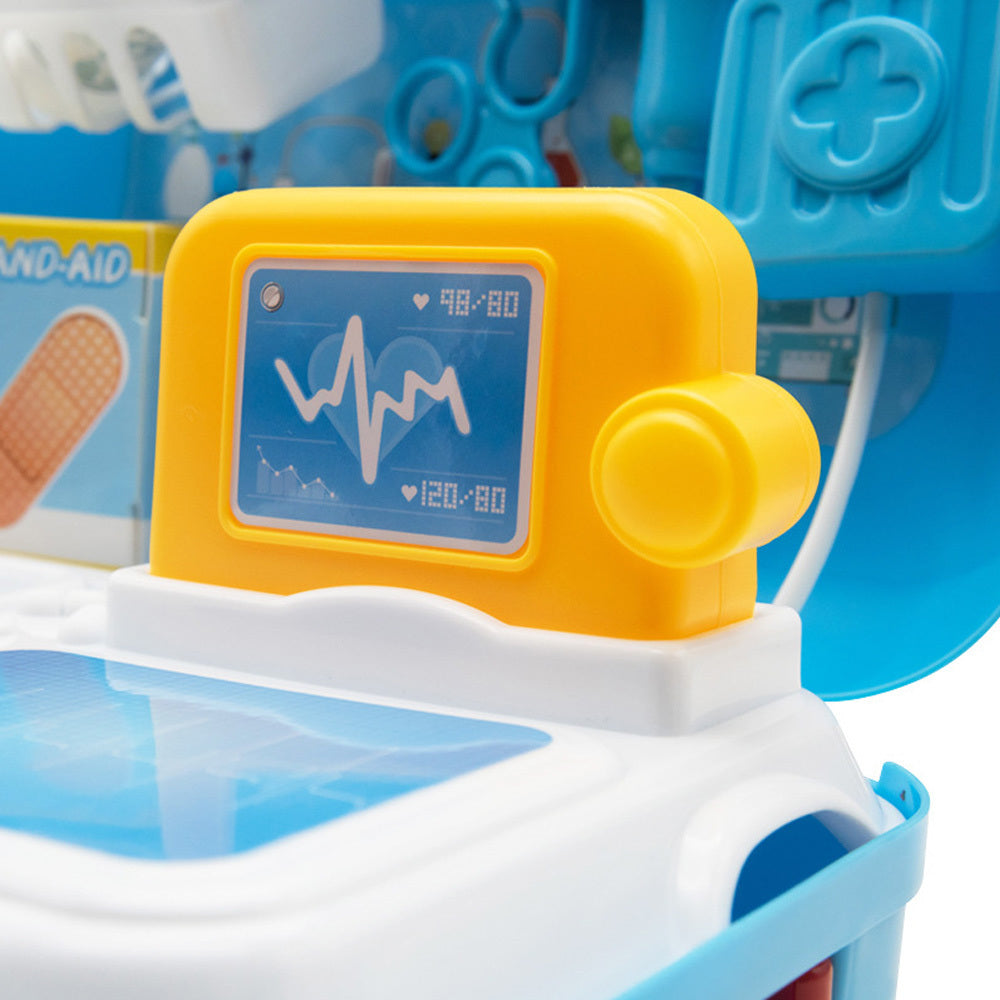 Toy medical device with a digital display on a blue background.