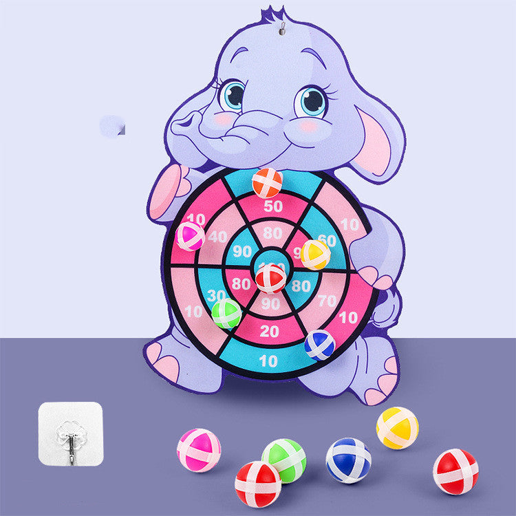 Children's dartboard with elephant design on a purple background.