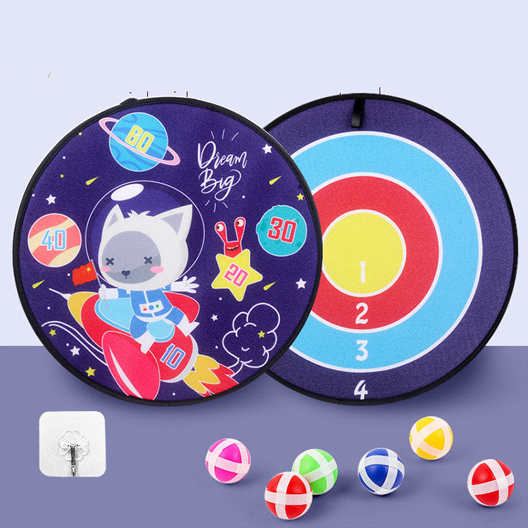 Children's dartboard with cartoon design and colorful darts on a purple background.