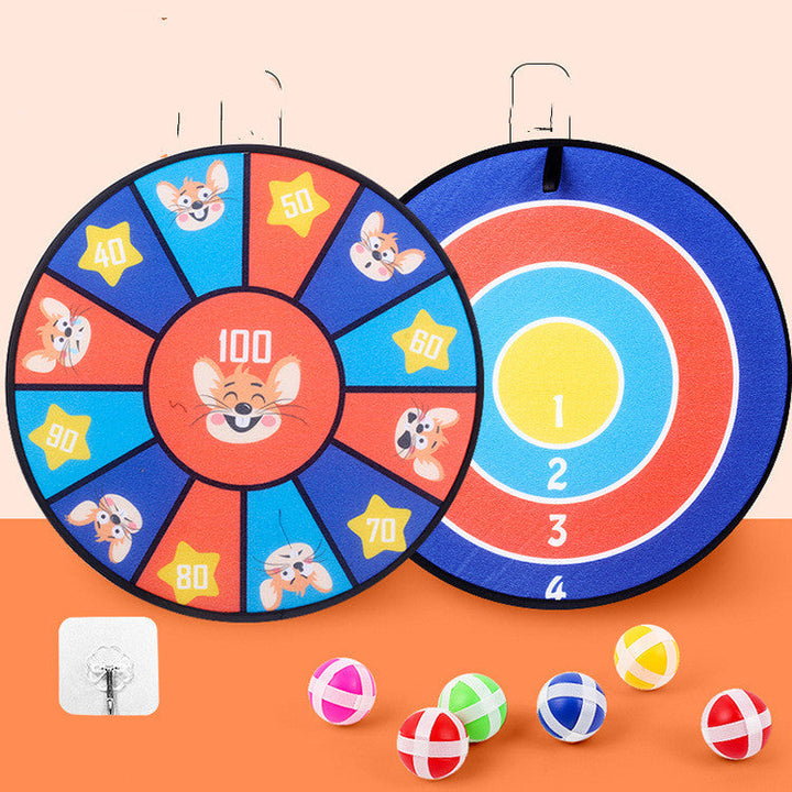 Colorful target game with cartoon face design on an orange background.