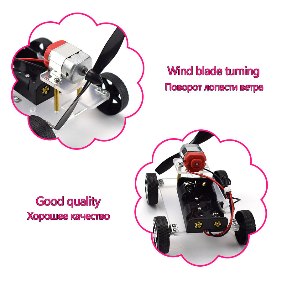 Model of a vehicle with a propeller and wheels on a white background.