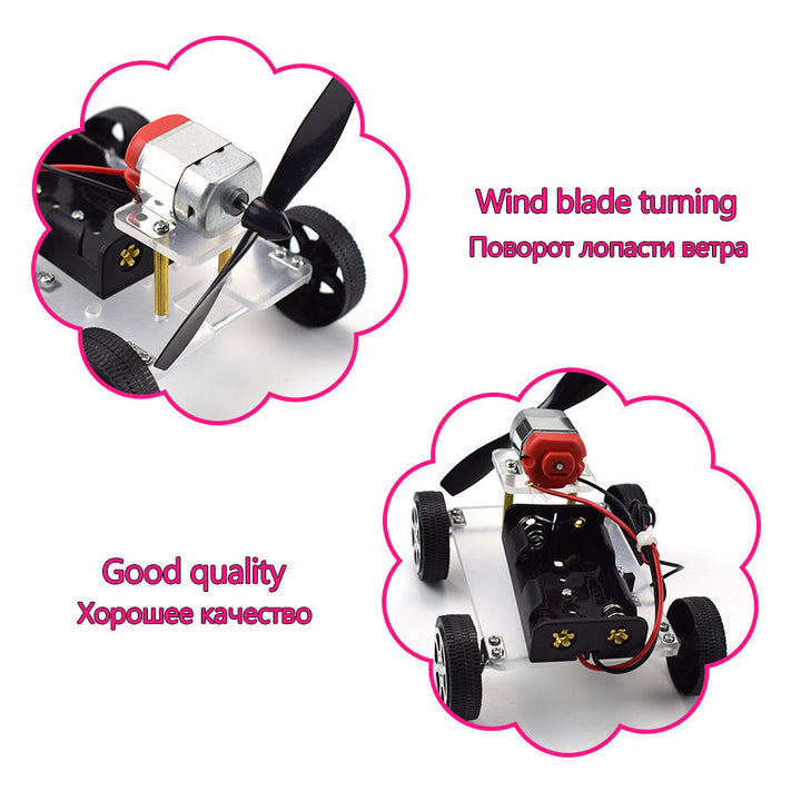 Model of a vehicle with a propeller and wheels on a white background.