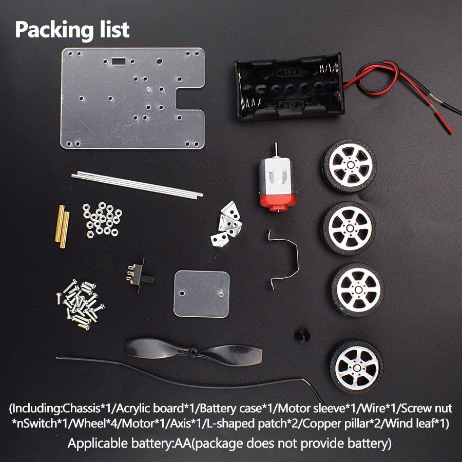 Packing list of components for a project on a black background.