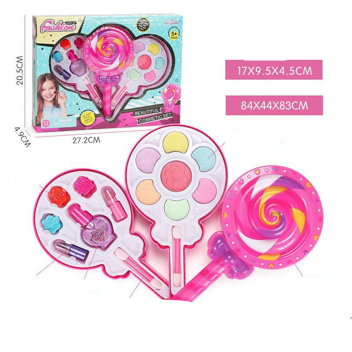 Children's makeup set with lollipop design and packaging on a white background.