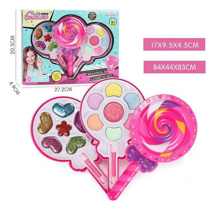Cosmetic set with heart-shaped palette and lollipop-shaped container, including packaging and dimensions.