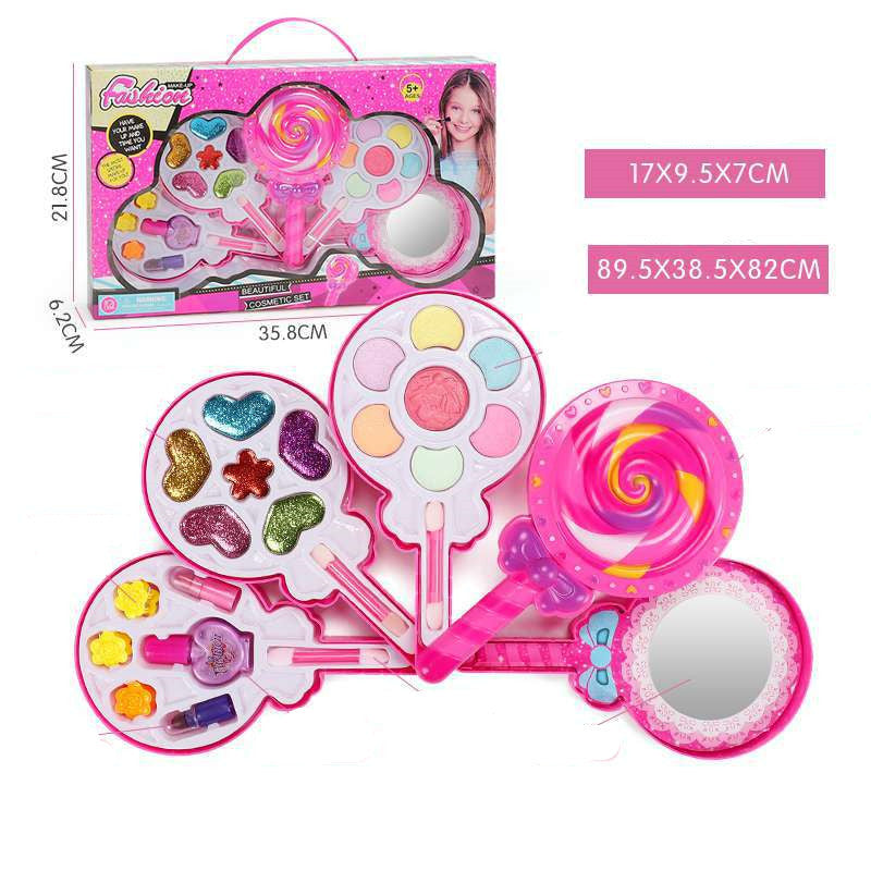Children's makeup set with pink lollipop design and packaging on a white background.