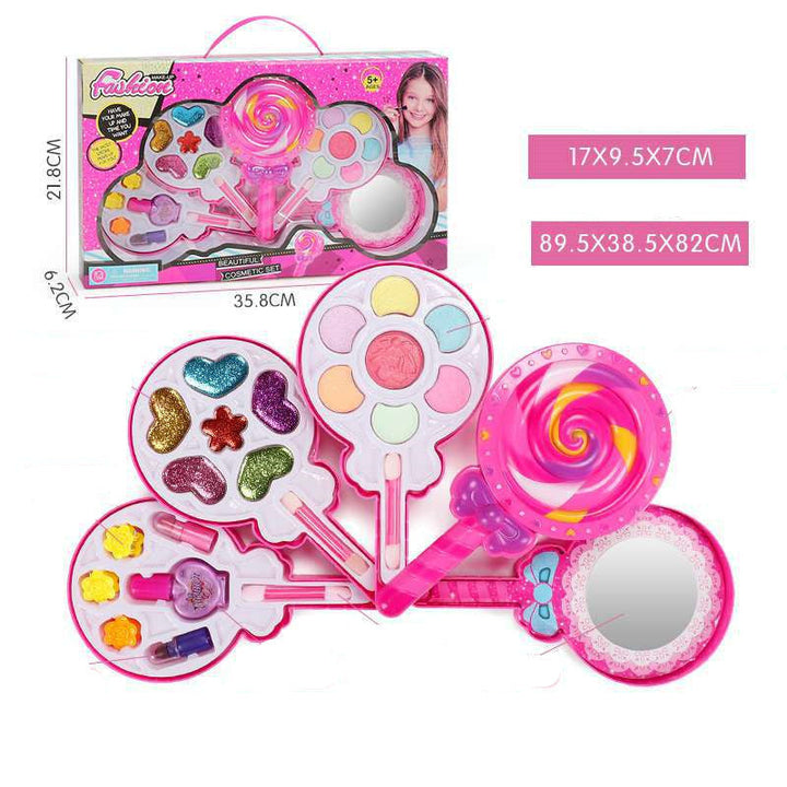 Children's makeup set with pink lollipop design and packaging on a white background.