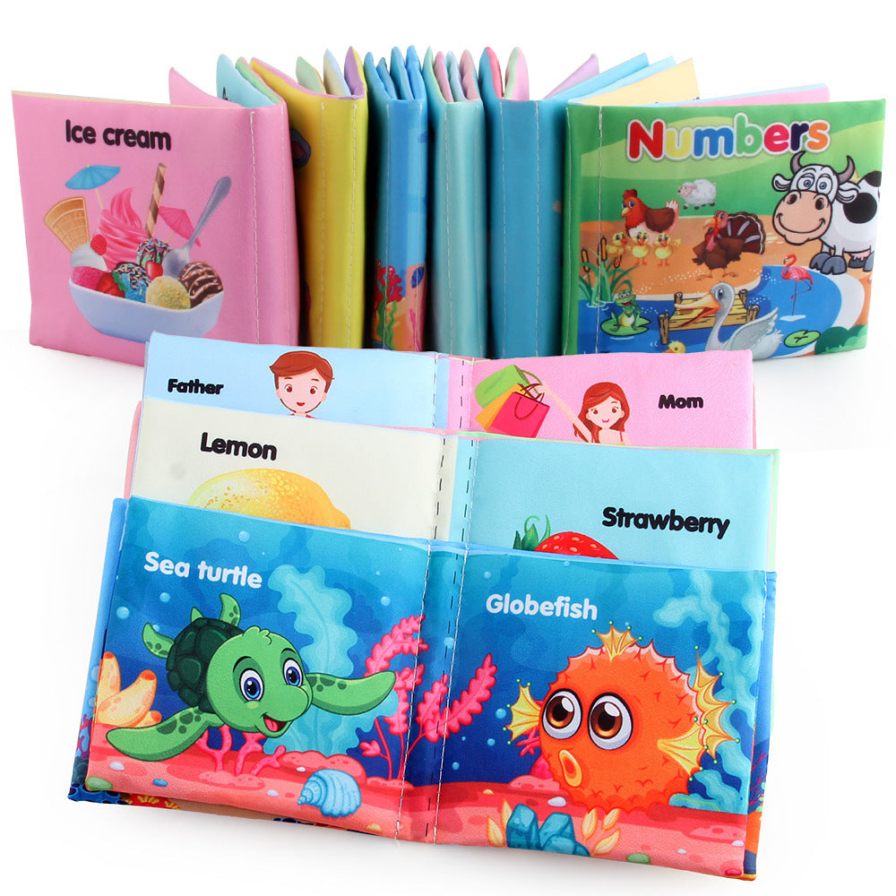 Set of colorful children's books with different themes on a white background.