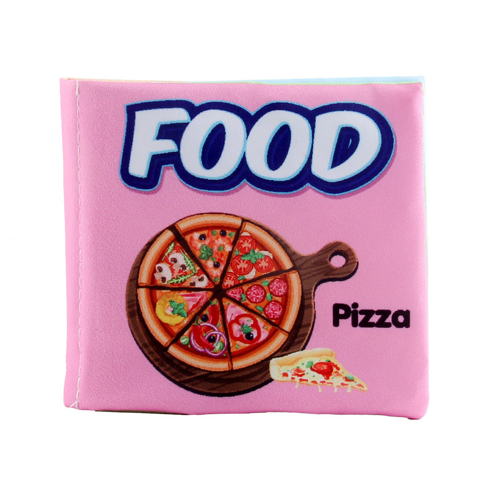 Pink book titled Food Pizza with a pizza illustration on a white background.