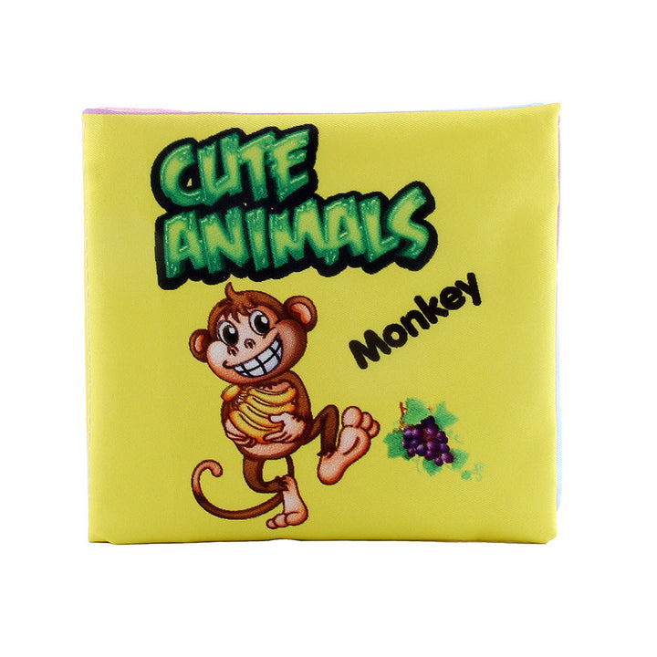 Yellow card with a cartoon monkey and Cute Animals Monkey text on a white background.