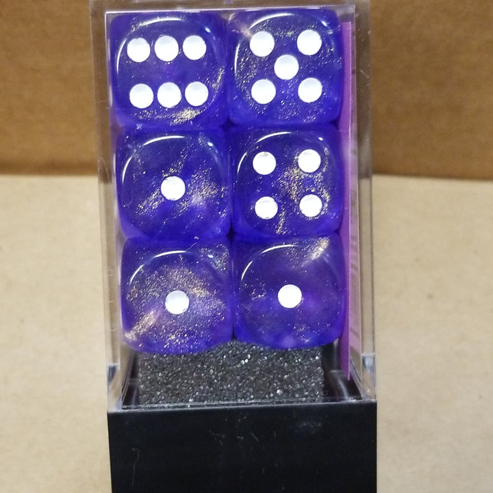 Borealis Purple/white 16mm d6 Dice Block (12 Dice) New Glitter non-Luminary
