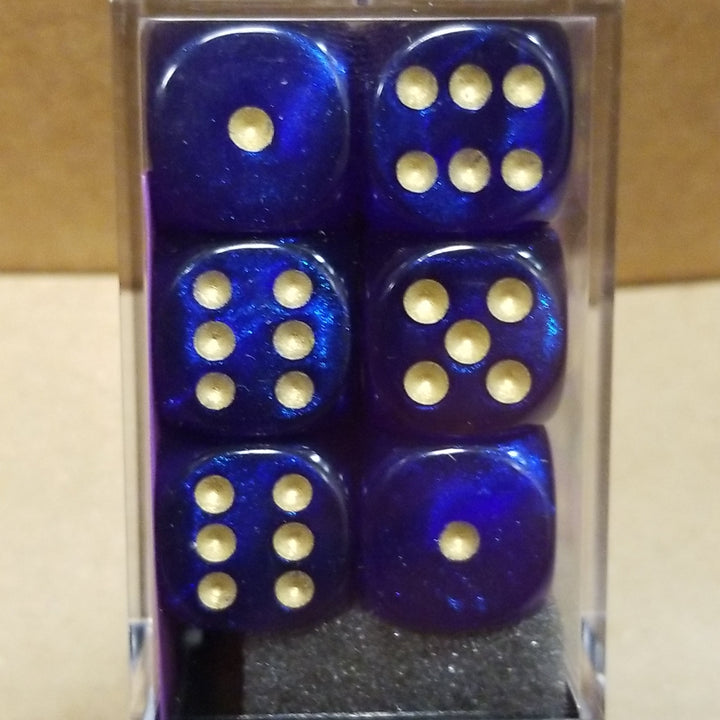 Borealis Royal Purple/gold 16mm d6 Dice Block (12 Dice) New Glitter non-Luminary
