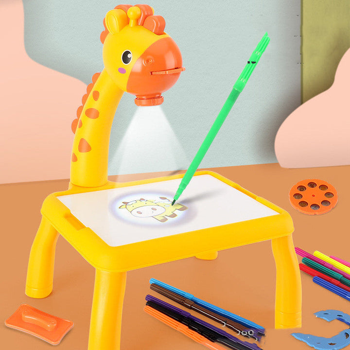 Yellow giraffe-shaped drawing toy with a white board and green pen on a colorful background.