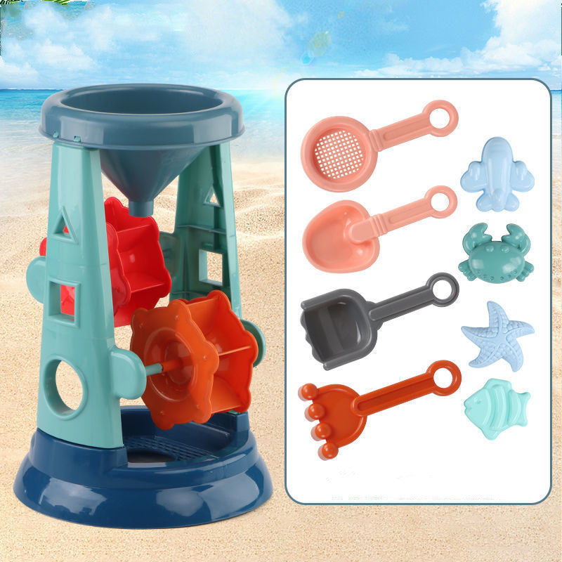 Beach sand toy set with a funnel-like structure and various tools on a beach background.