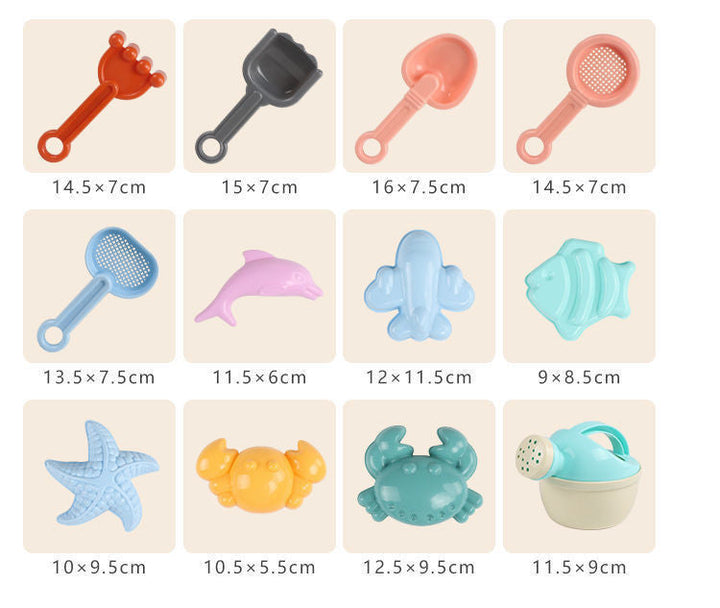 Collection of various beach toys with dimensions displayed below each item on a beige background.