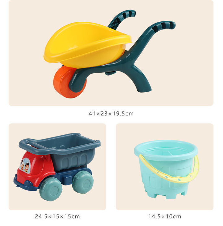 Toy wheelbarrow, dump truck, and bucket with dimensions on a beige background.