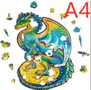 Colorful dragon puzzle with scattered pieces on a white background, labeled A4.