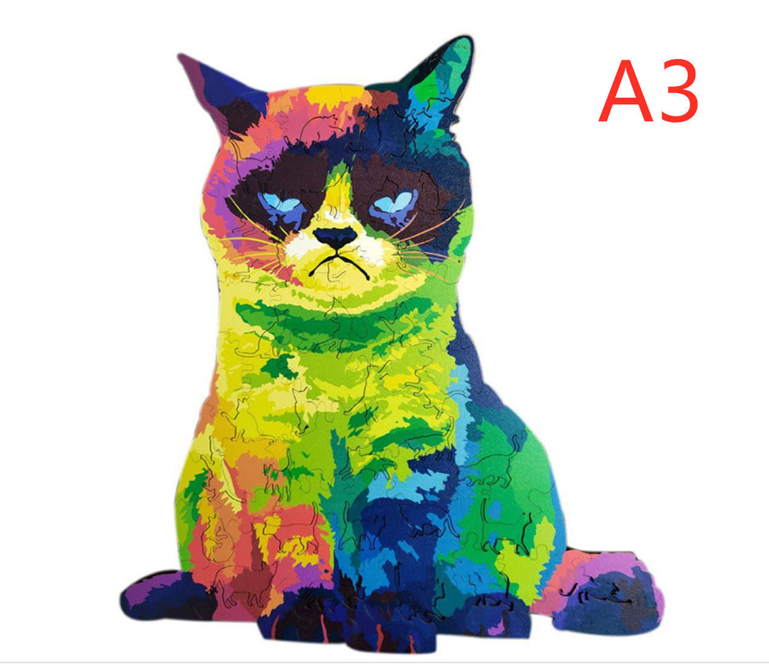 Colorful cat painting with A3 label on a white background.
